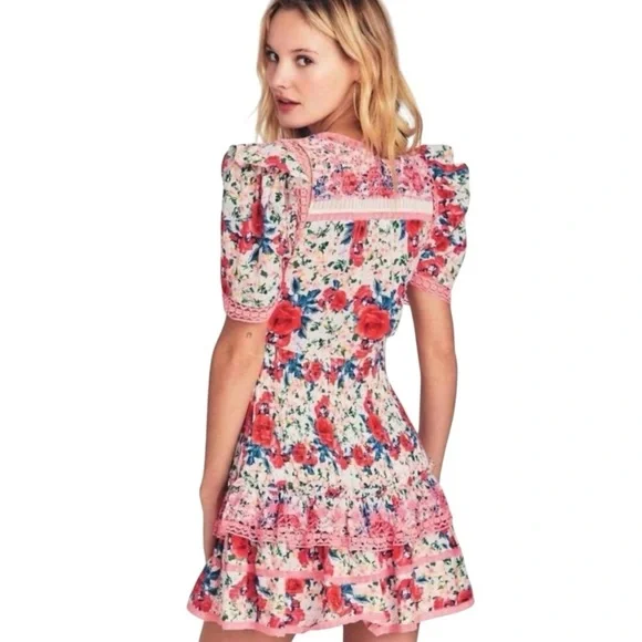 LoveShackFancy Rena Rose Floral Ruffle Mini Dress in Rush of Red Women’s Medium - Picture 4 of 16